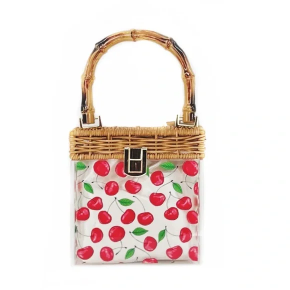 Red Cherry Acrylic Rectangular Wicker & Bamboo Top Handle Pinup Retro Purse Bag - Picture 1 of 8